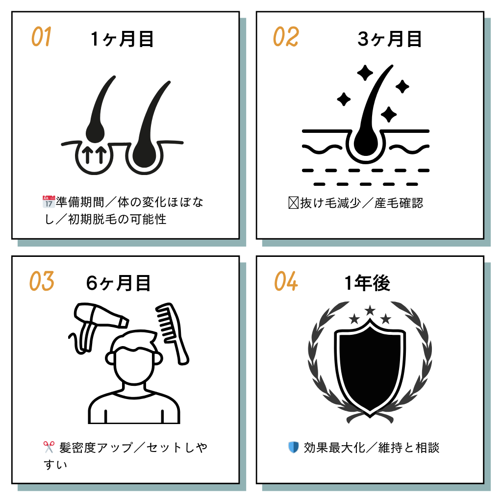 1ヶ月、3ヶ月、6ヶ月、1年後のタイムライン画像
