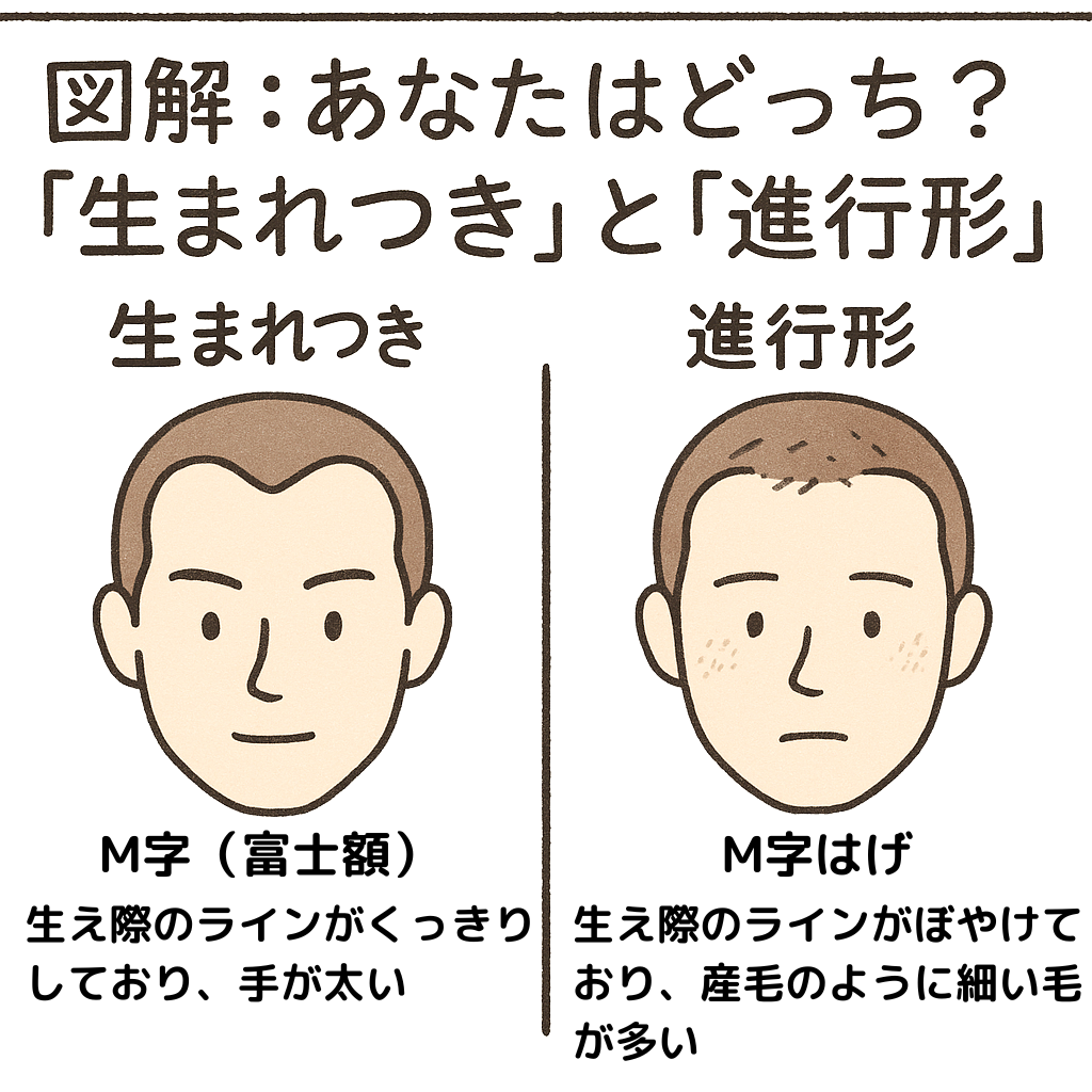 生まれつき額が広いか、進行形のM字ハゲかを表したイメージ画像