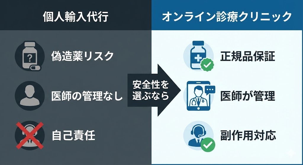 個人輸入代行とオンライン診療クリニックのリスクと安全性の比較図。偽造薬や医師の不在といった個人輸入の危険性と、正規品保証や医師の管理といったクリニックのメリットを対比。
