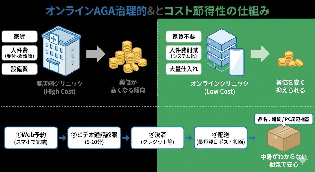 オンラインAGA治療が安い理由の仕組み図：実店舗の家賃・人件費削減と大量仕入れによるコストカット構造。Web予約からビデオ通話診察、中身がわからない梱包での配送までのフローチャート