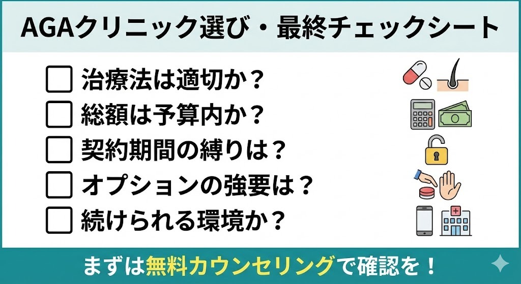 記事のまとめとして作成されたAGAクリニック選びの最終チェックシート画像。治療法、総額費用、契約縛り、オプション強要、継続環境の5つの重要項目を確認するためのチェックボックスリスト。