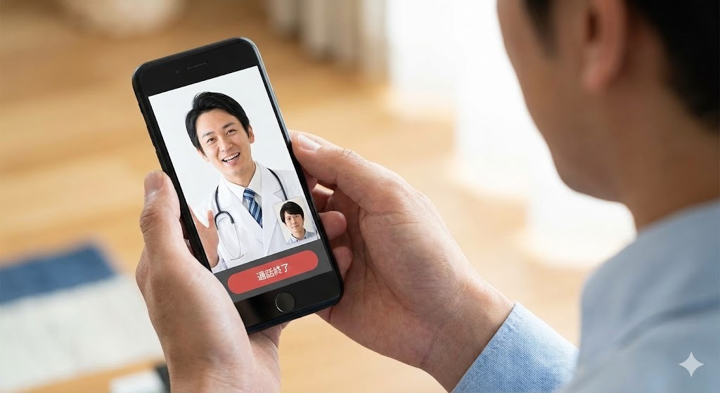 スマホでのオンライン診療。医師とビデオ通話で問診を行う様子