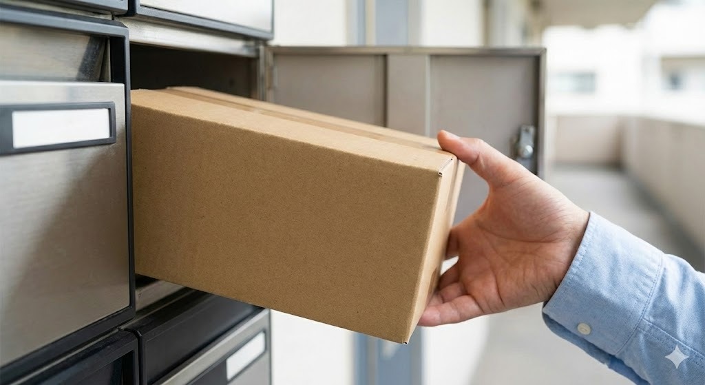中身がわからない無地の段ボールで、ポストに投函される治療薬の配送イメージ