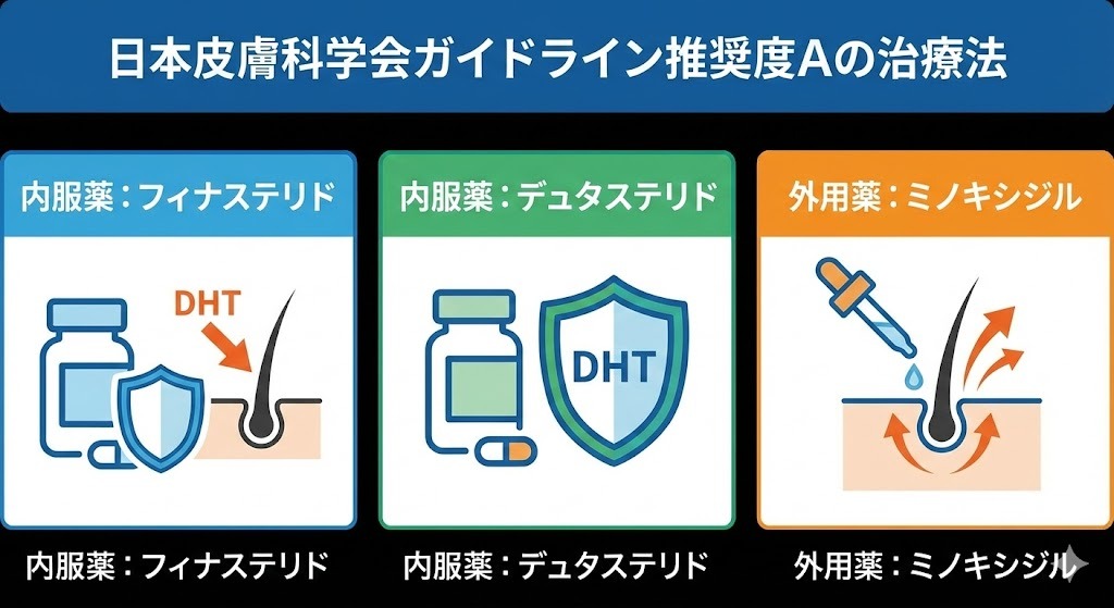 日本皮膚科学会ガイドラインでAGA治療において推奨度Aと認定されている3つの薬（フィナステリド・デュタステリド内服薬、ミノキシジル外用薬）とその作用機序（DHT抑制、発毛促進）を図解したイラスト