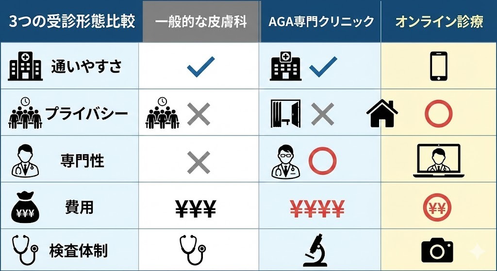 薄毛治療の受診場所である「一般的な皮膚科」「AGA専門クリニック」「オンライン診療」の3つを比較した一覧表。通いやすさ、プライバシー、専門性、費用、検査体制の5項目についてメリットとデメリットを分かりやすく表示。