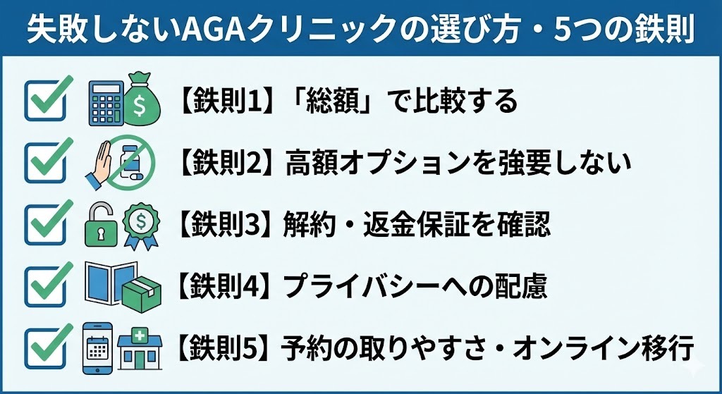 経験者が教える失敗しないAGAクリニックの選び方5つの鉄則をまとめたチェックリスト画像。総額での費用比較、高額オプション回避、解約・返金保証の確認、プライバシー配慮、予約の取りやすさといった重要ポイントをアイコン付きで列挙。