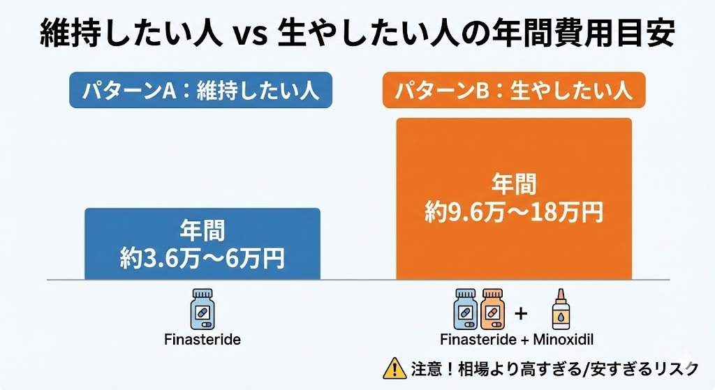 AGA治療の目的別年間費用目安を比較した棒グラフ。「維持したい人（フィナステリド単体）」と「生やしたい人（＋ミノキシジル）」それぞれにかかる費用の相場（約3.6万円〜18万円）と、相場から外れる価格リスクへの注意喚起。